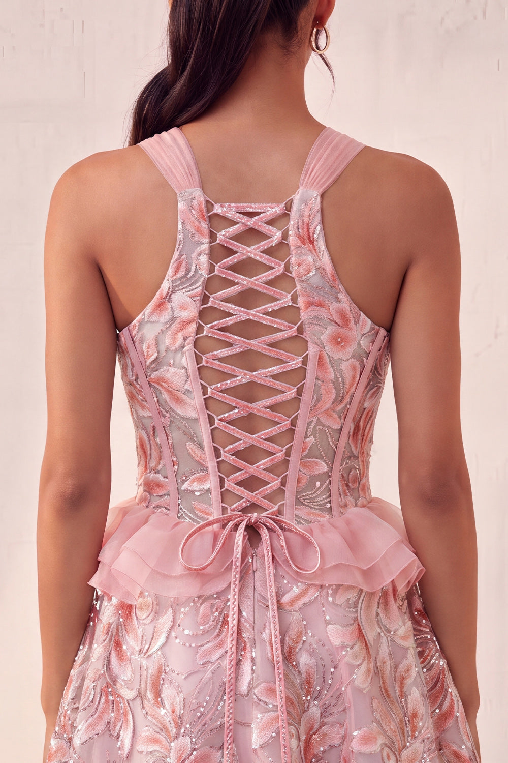 Lake Blue Corset Halter Neck Sequins A-Line Ruffle Lace Up Back Homecoming Dress