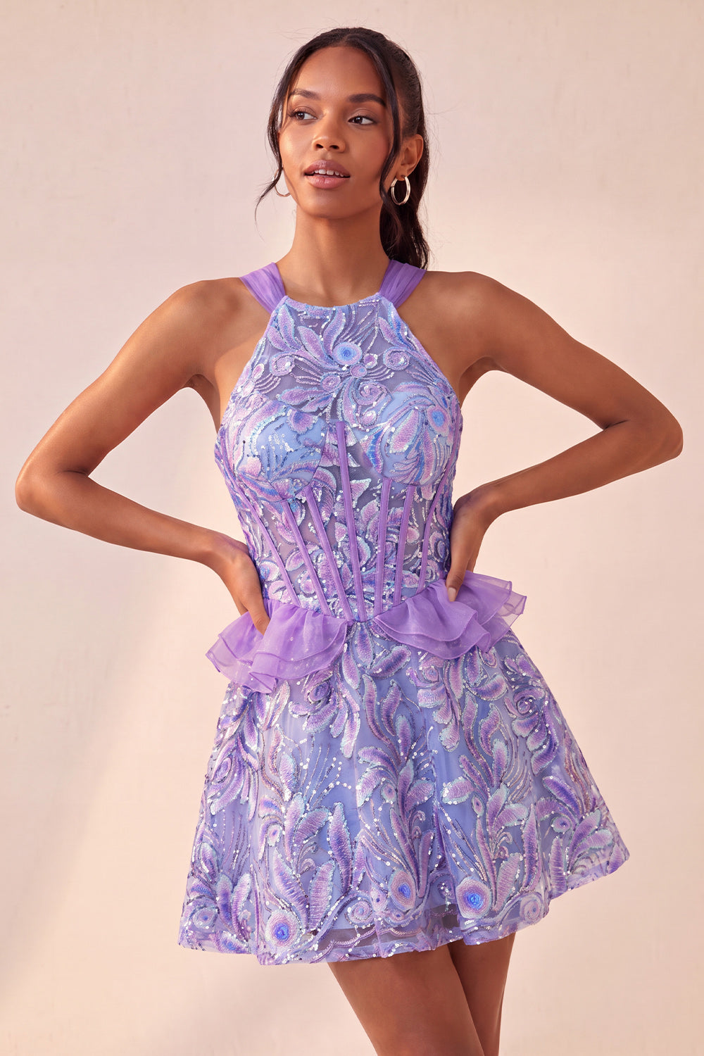 Lake Blue Corset Halter Neck Sequins A-Line Ruffle Lace Up Back Homecoming Dress
