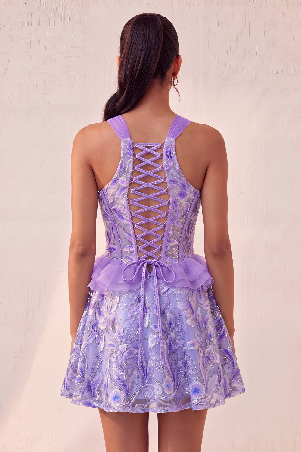 Lake Blue Corset Halter Neck Sequins A-Line Ruffle Lace Up Back Homecoming Dress