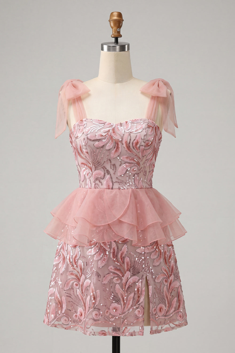 Pink A-Line Sequins Ruffle Lace Up Back Bowed Straps Homecoming Dress with Slit