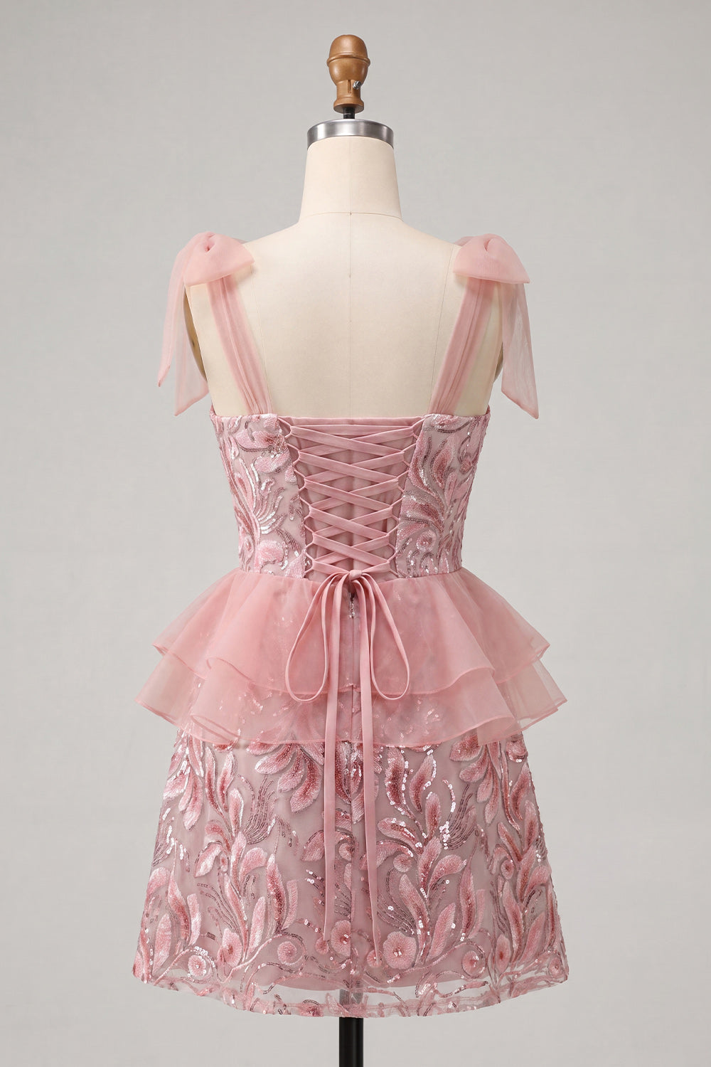 Pink A-Line Sequins Ruffle Lace Up Back Bowed Straps Homecoming Dress with Slit