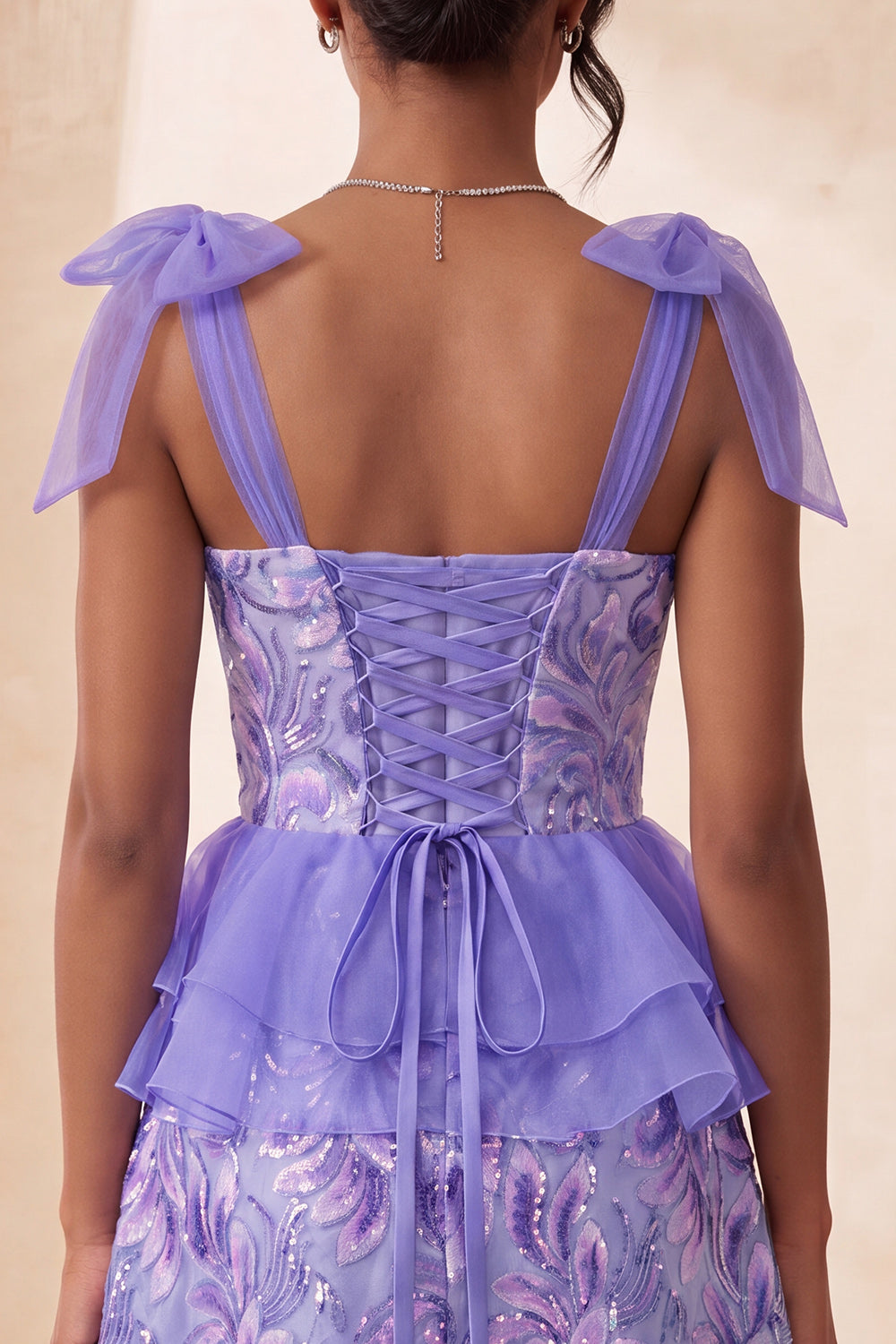 Pink A-Line Sequins Ruffle Lace Up Back Bowed Straps Homecoming Dress with Slit