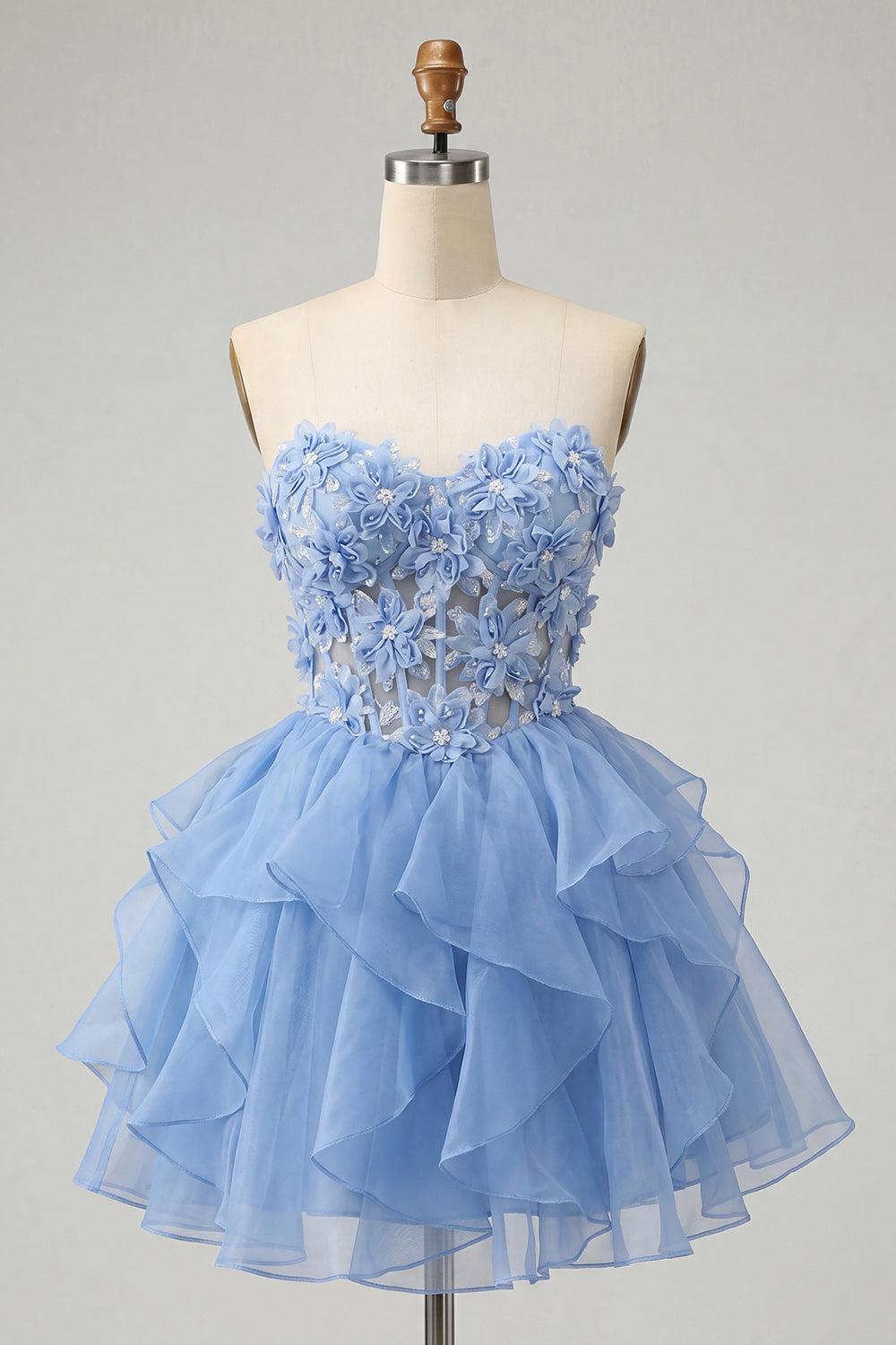 Robe de bal de fin d'année ligne A bleu ciel avec bustier transparent en cœur et dos lacé à volants