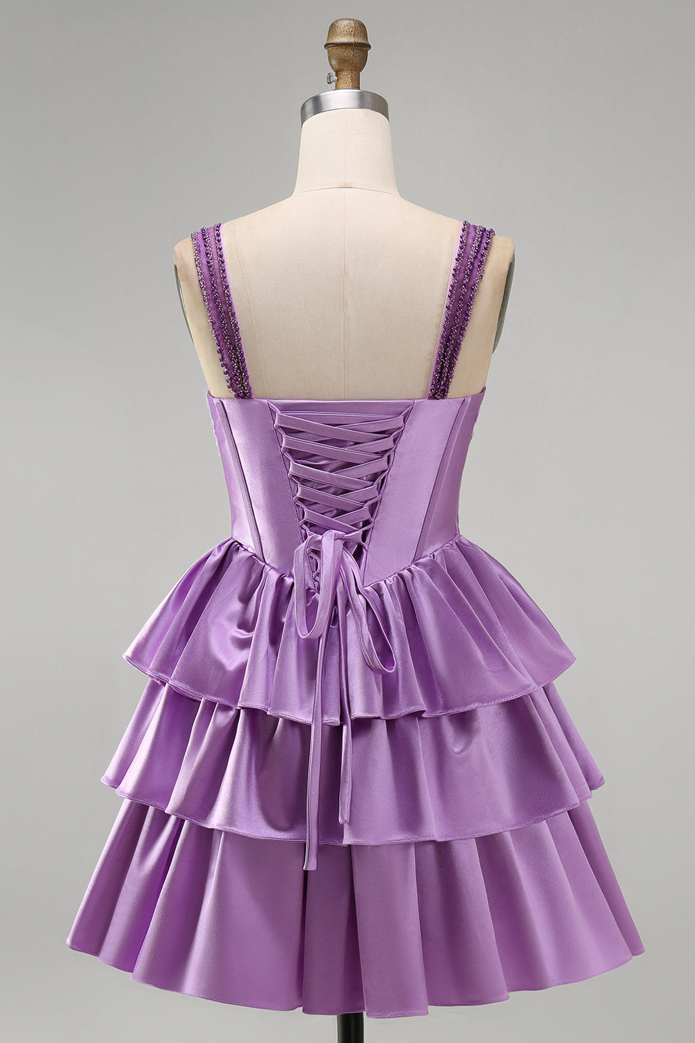 Light Purple A-Line Corset Tiered Lace Up Back Floral Homecoming Dress with Beading