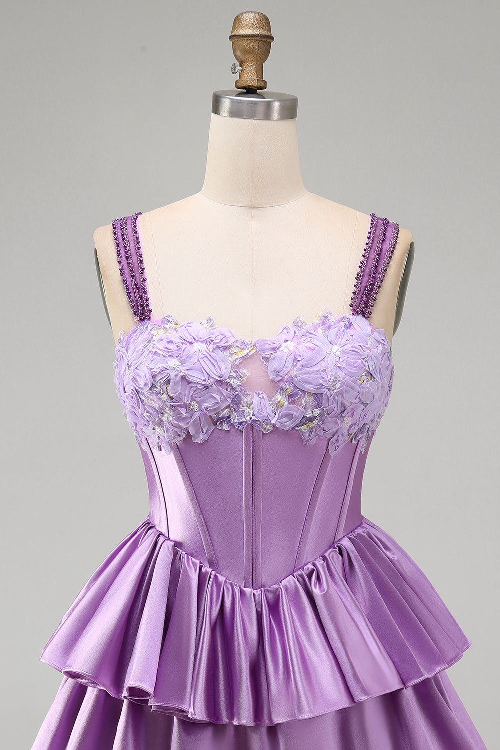 Light Purple A-Line Corset Tiered Lace Up Back Floral Homecoming Dress with Beading
