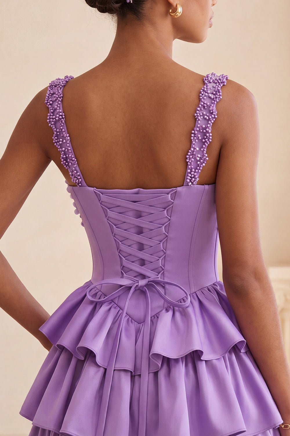 Light Purple A-Line Corset Tiered Lace Up Back Floral Homecoming Dress with Beading