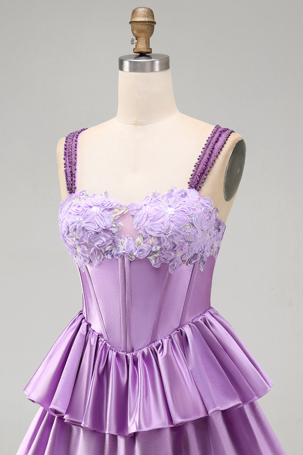 Light Purple A-Line Corset Tiered Lace Up Back Floral Homecoming Dress with Beading