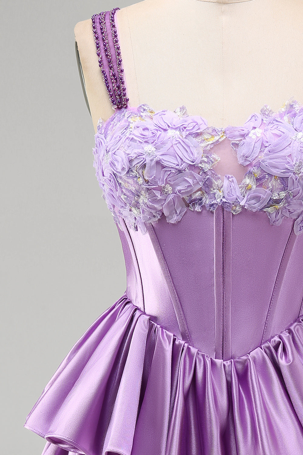 Light Purple A-Line Corset Tiered Lace Up Back Floral Homecoming Dress with Beading