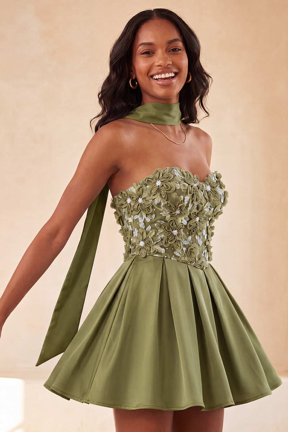 Olive A-Line Sweetheart Beaded Floral Homecoming Dress with Lace Up Back