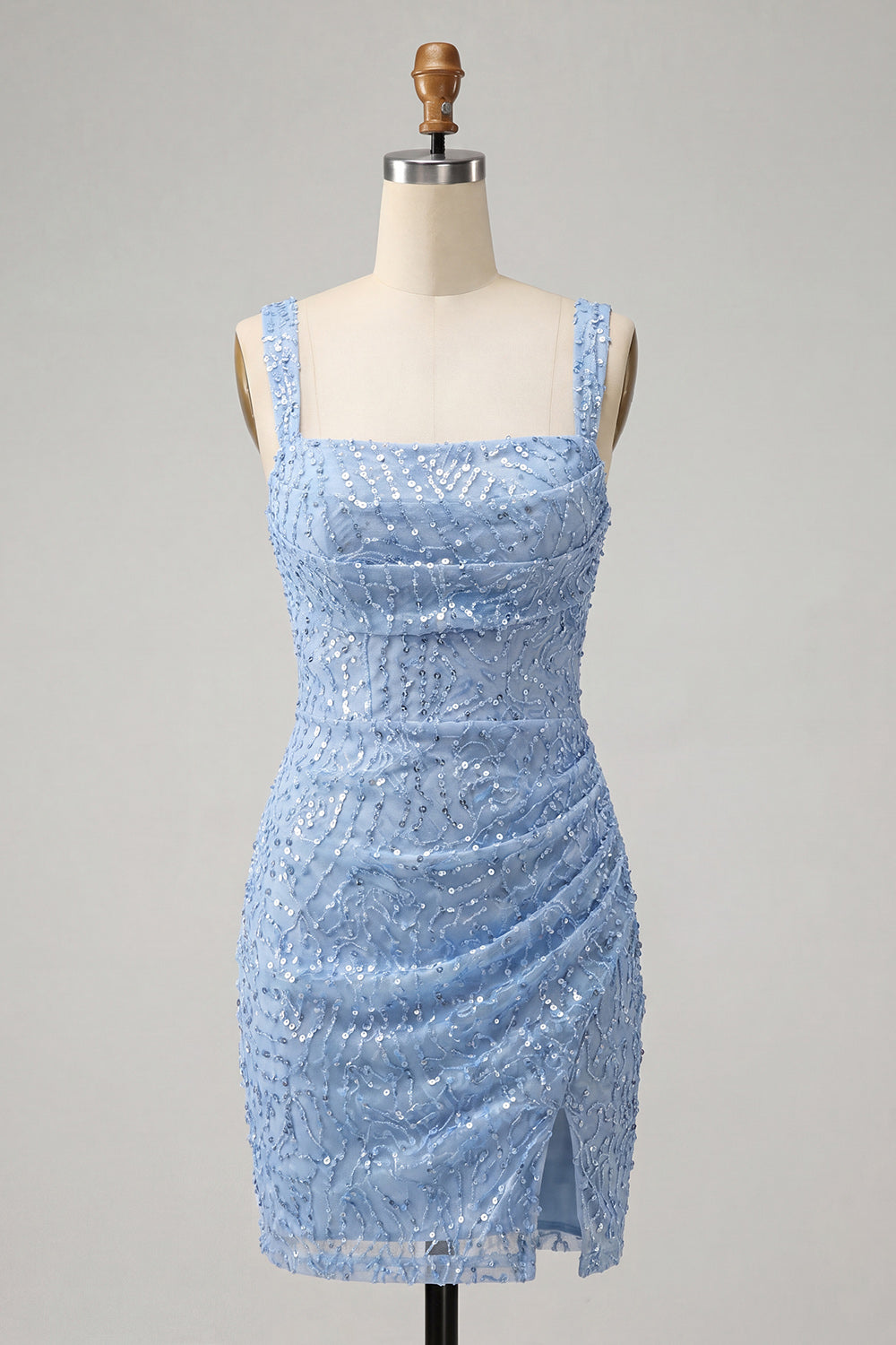 Robe de bal Bleu Ciel Moulante avec Col Carré, Paillettes, Froncée, Dos Lacé et Fente