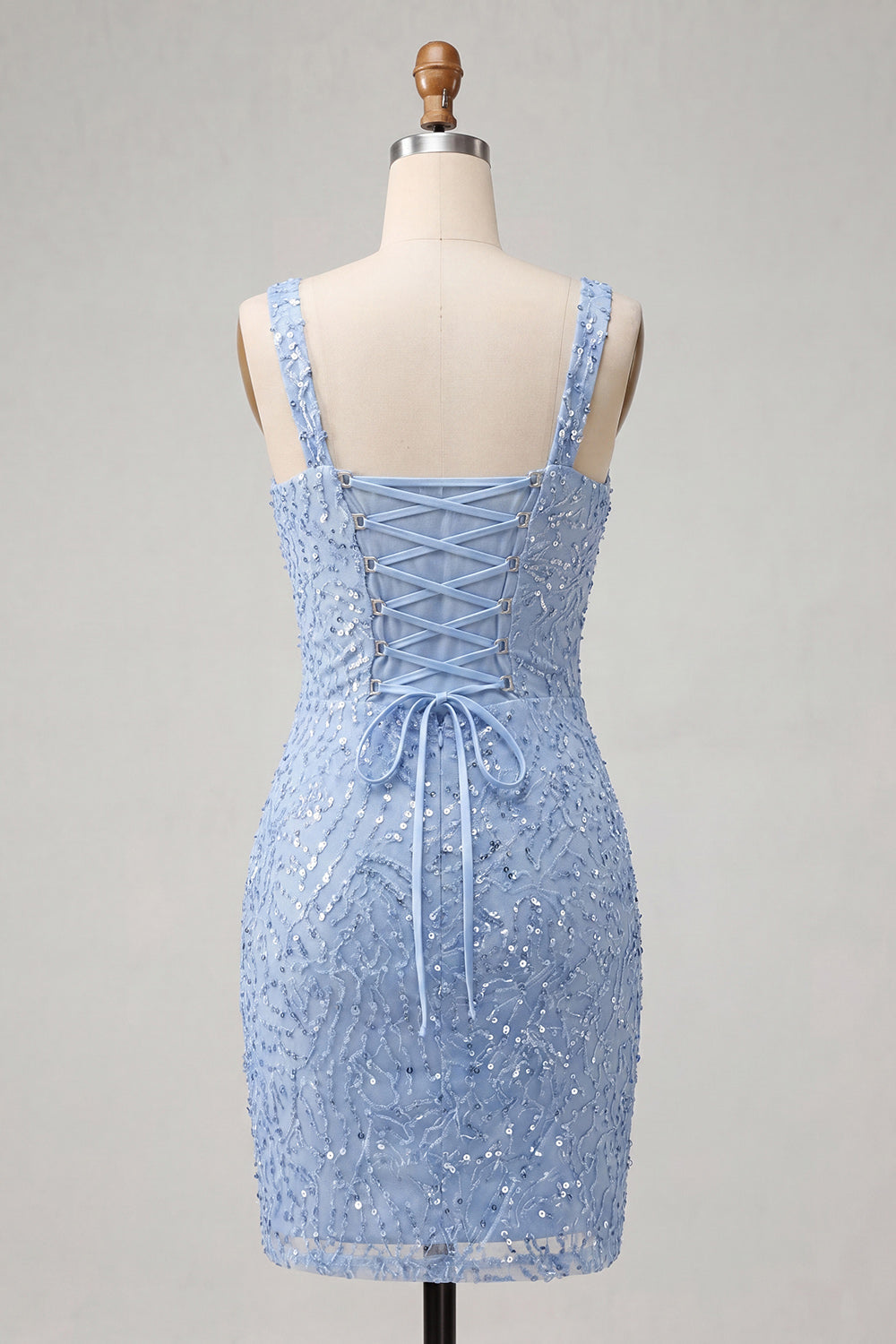 Robe de bal Bleu Ciel Moulante avec Col Carré, Paillettes, Froncée, Dos Lacé et Fente