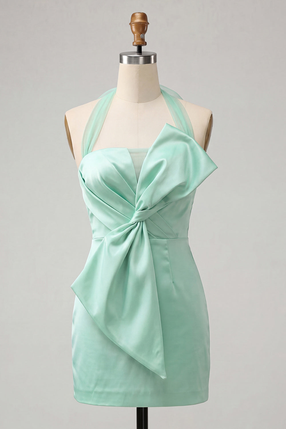 Bodycon Mint Green Halter Neck Satin Lace-Up Back Homecoming Dress with Bow