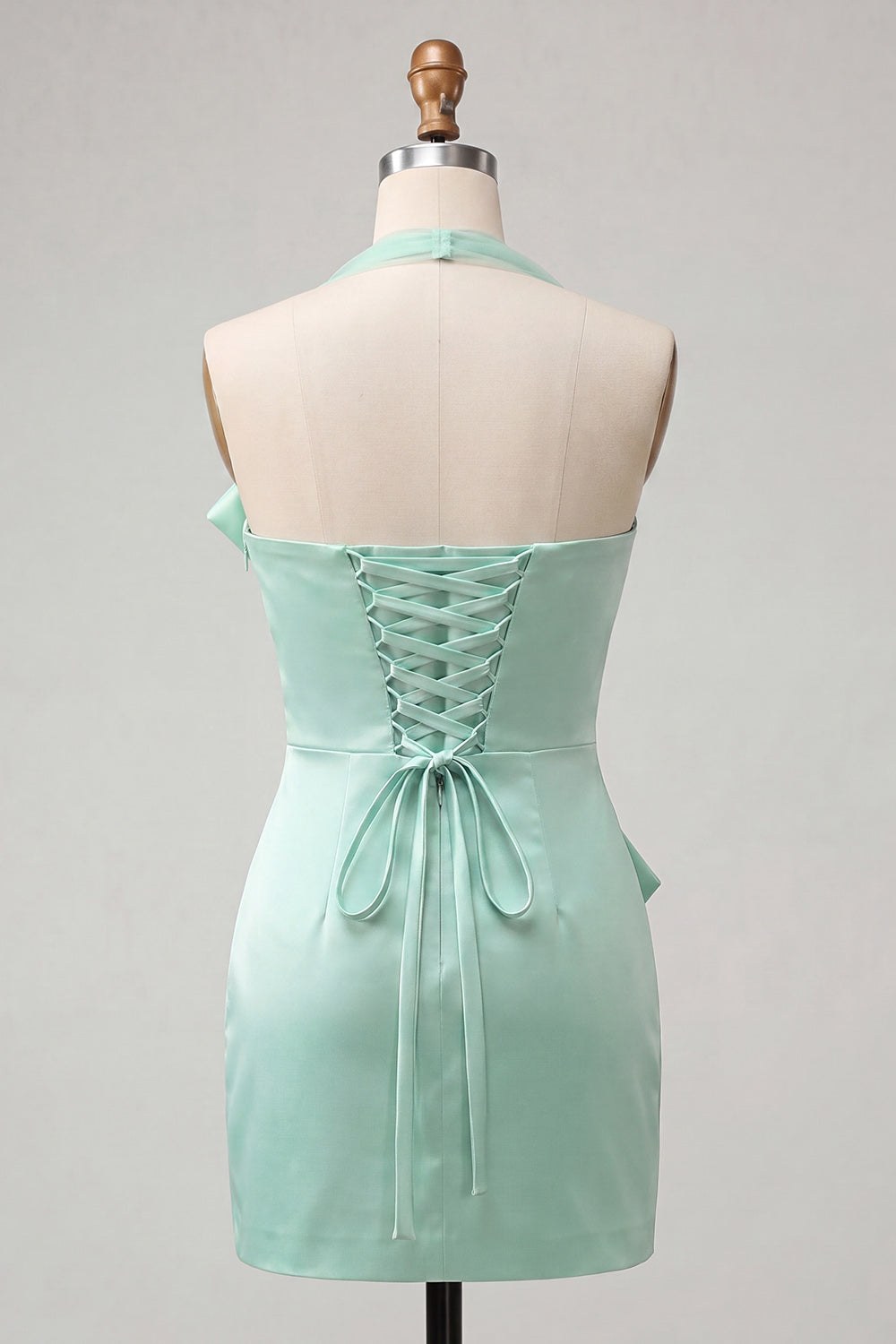 Bodycon Mint Green Halter Neck Satin Lace-Up Back Homecoming Dress with Bow
