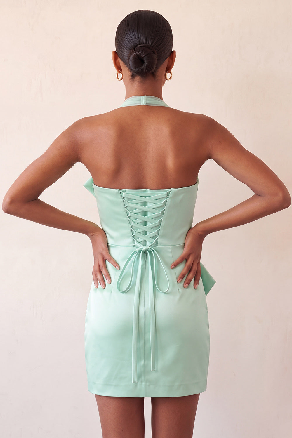 Bodycon Mint Green Halter Neck Satin Lace-Up Back Homecoming Dress with Bow