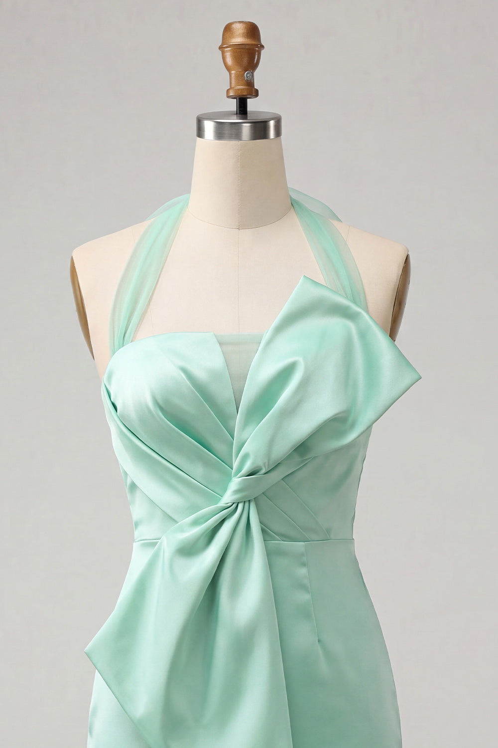 Bodycon Mint Green Halter Neck Satin Lace-Up Back Homecoming Dress with Bow