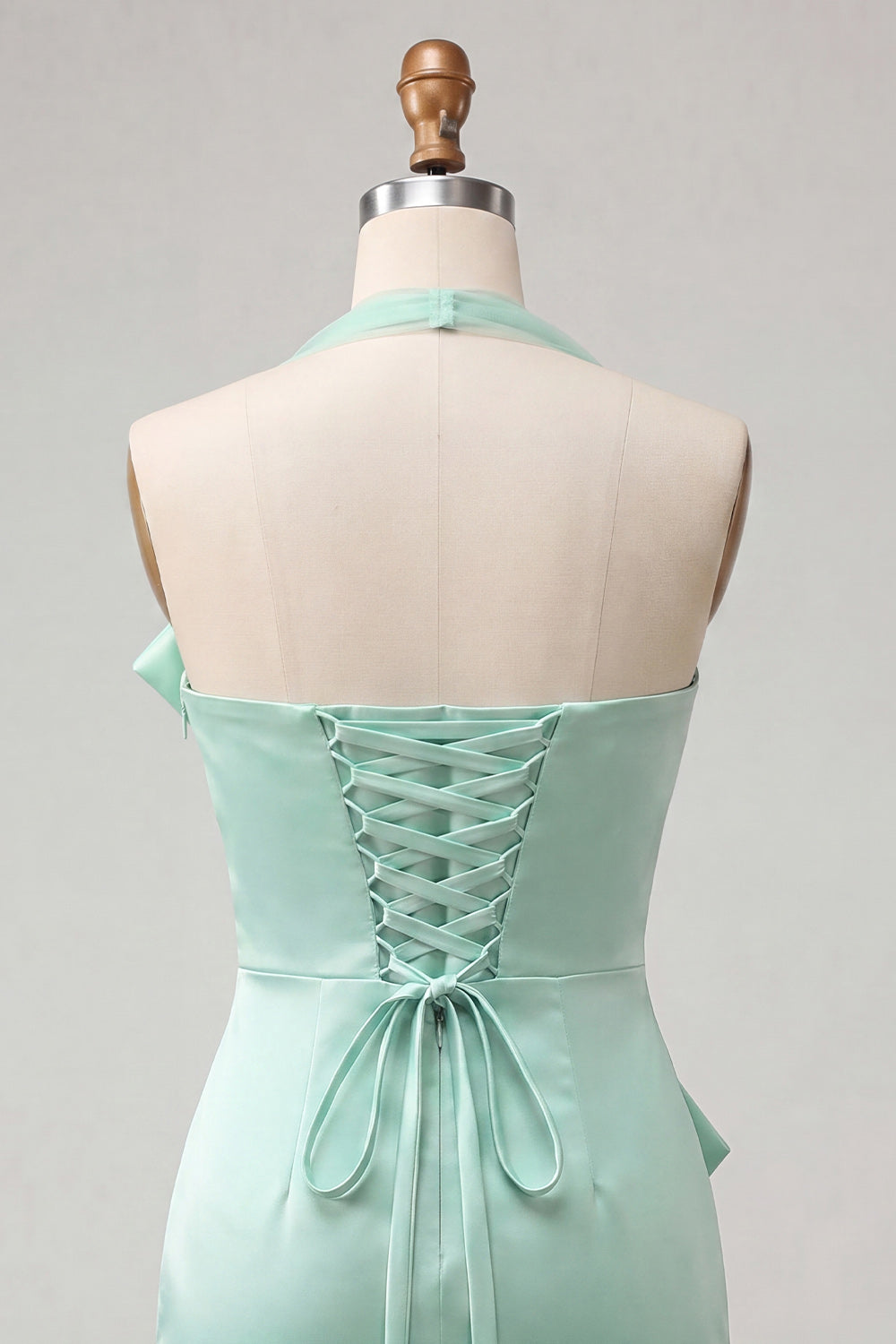 Bodycon Mint Green Halter Neck Satin Lace-Up Back Homecoming Dress with Bow
