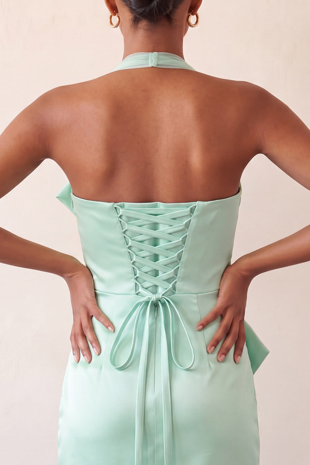 Bodycon Mint Green Halter Neck Satin Lace-Up Back Homecoming Dress with Bow