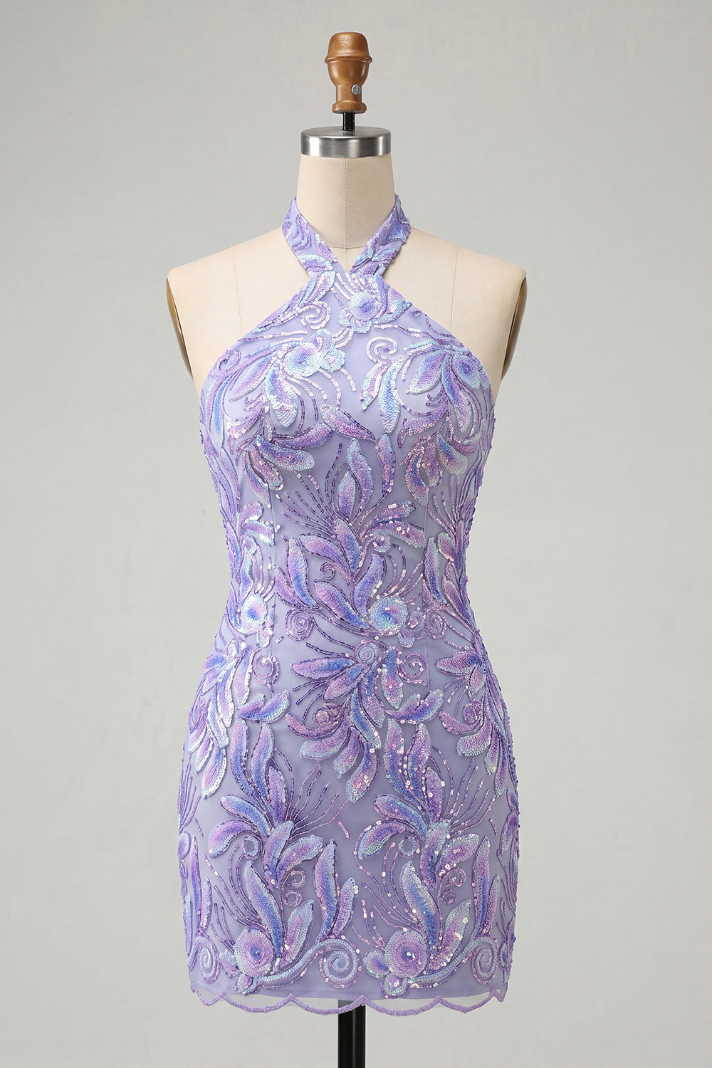 Bodycon Light Purple Halter Neck Sequins Lace Up Back Homecoming Dress