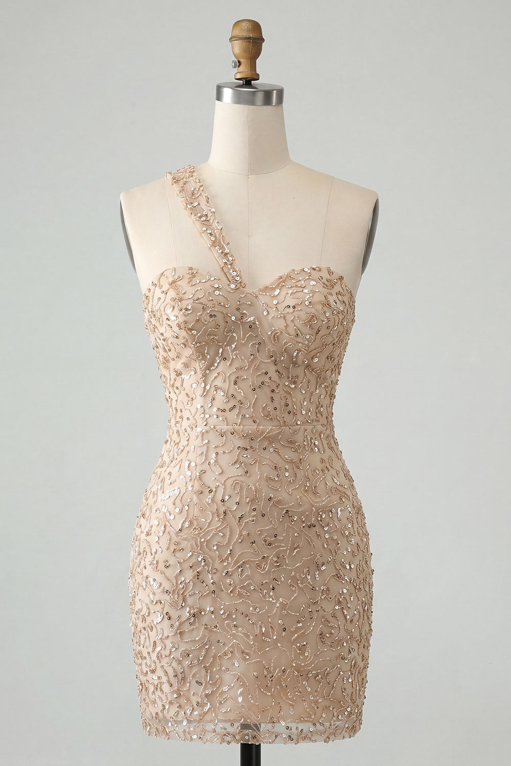 Champagne Bodycon One Shoulder Lace Up Back Homecoming Dress with Sequins