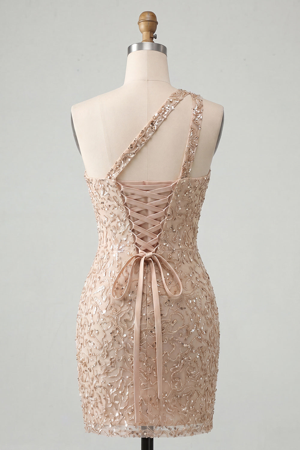 Champagne Bodycon One Shoulder Lace Up Back Homecoming Dress with Sequins