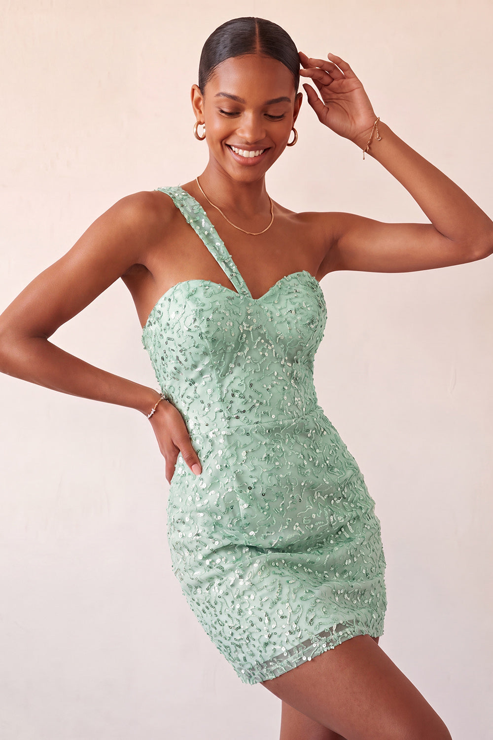 Champagne Bodycon One Shoulder Lace Up Back Homecoming Dress with Sequins