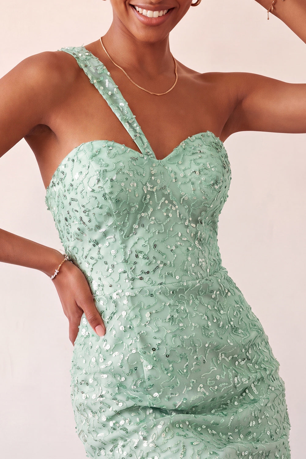 Champagne Bodycon One Shoulder Lace Up Back Homecoming Dress with Sequins