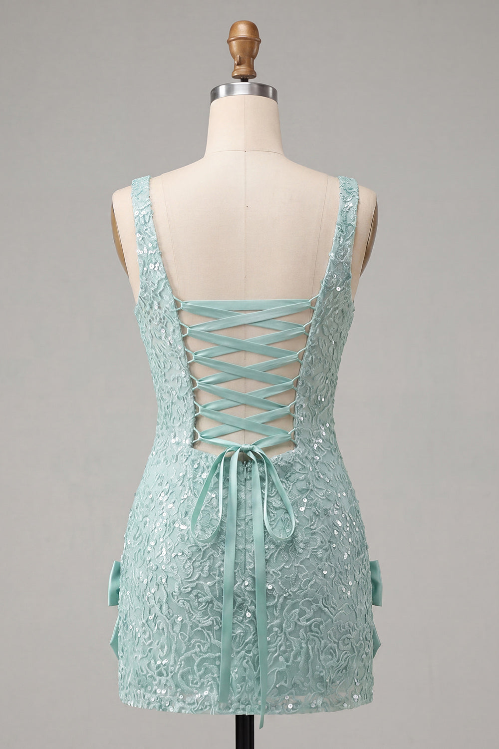 Mint Green Bodycon Square Neck Sequins Lace Up Back Homecoming Dress with Bow