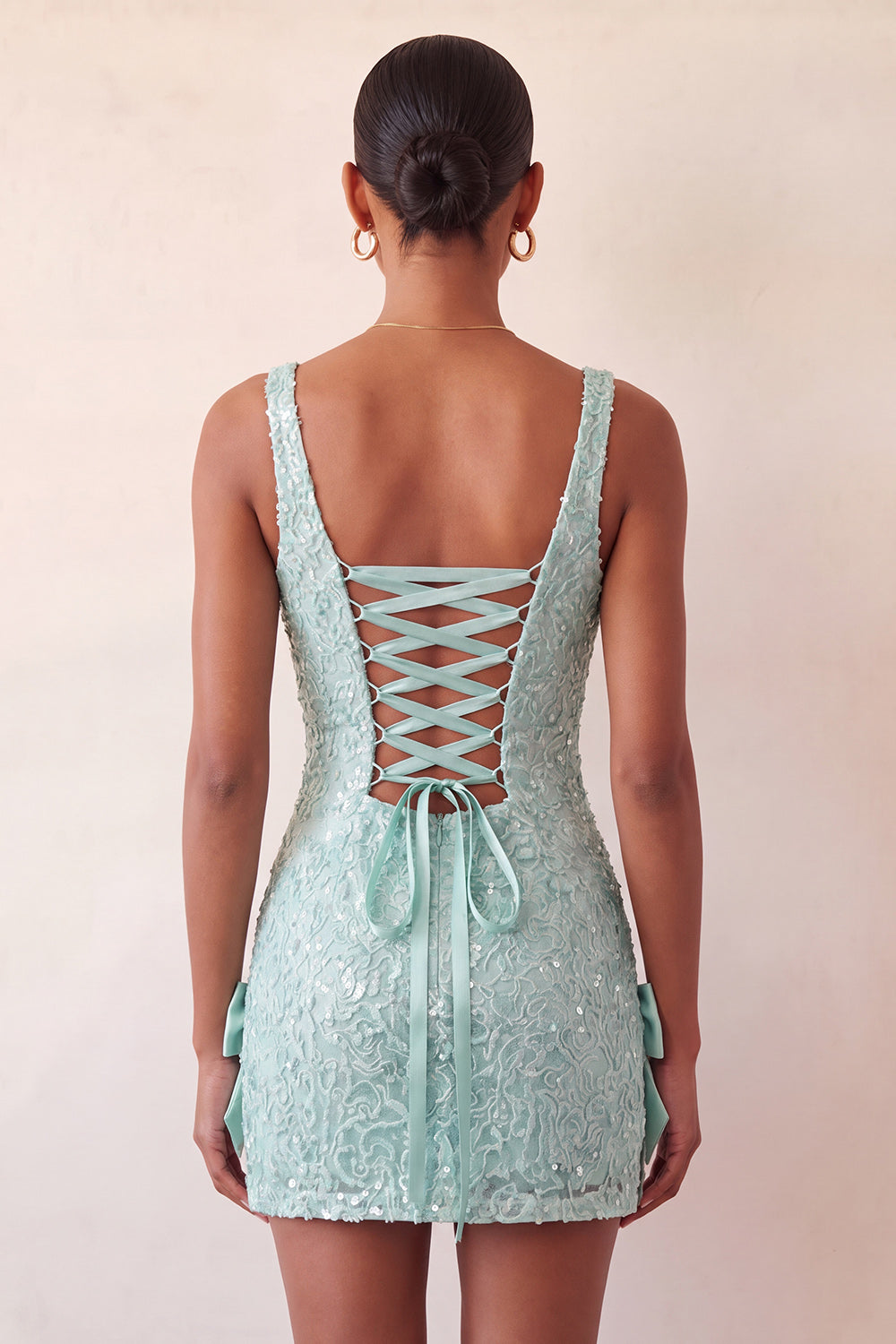 Mint Green Bodycon Square Neck Sequins Lace Up Back Homecoming Dress with Bow