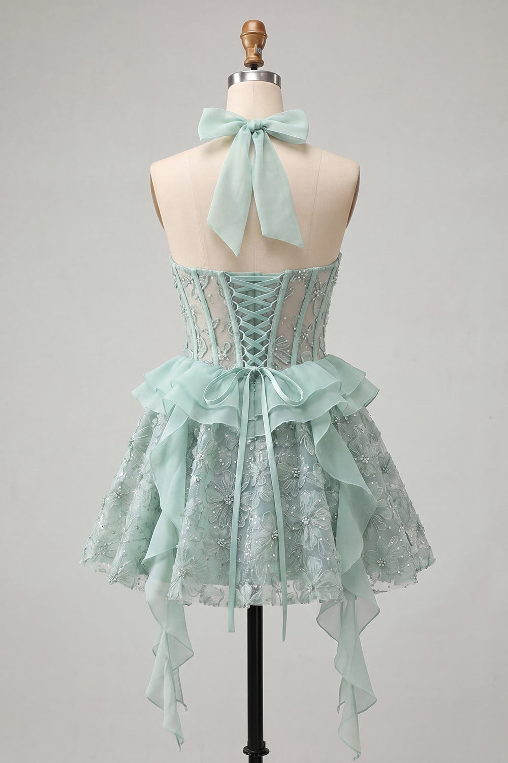 Halter Neck A-Line Mint Green Sheer Corset Floral Ruffled Homecoming Dress with Lace Up Back