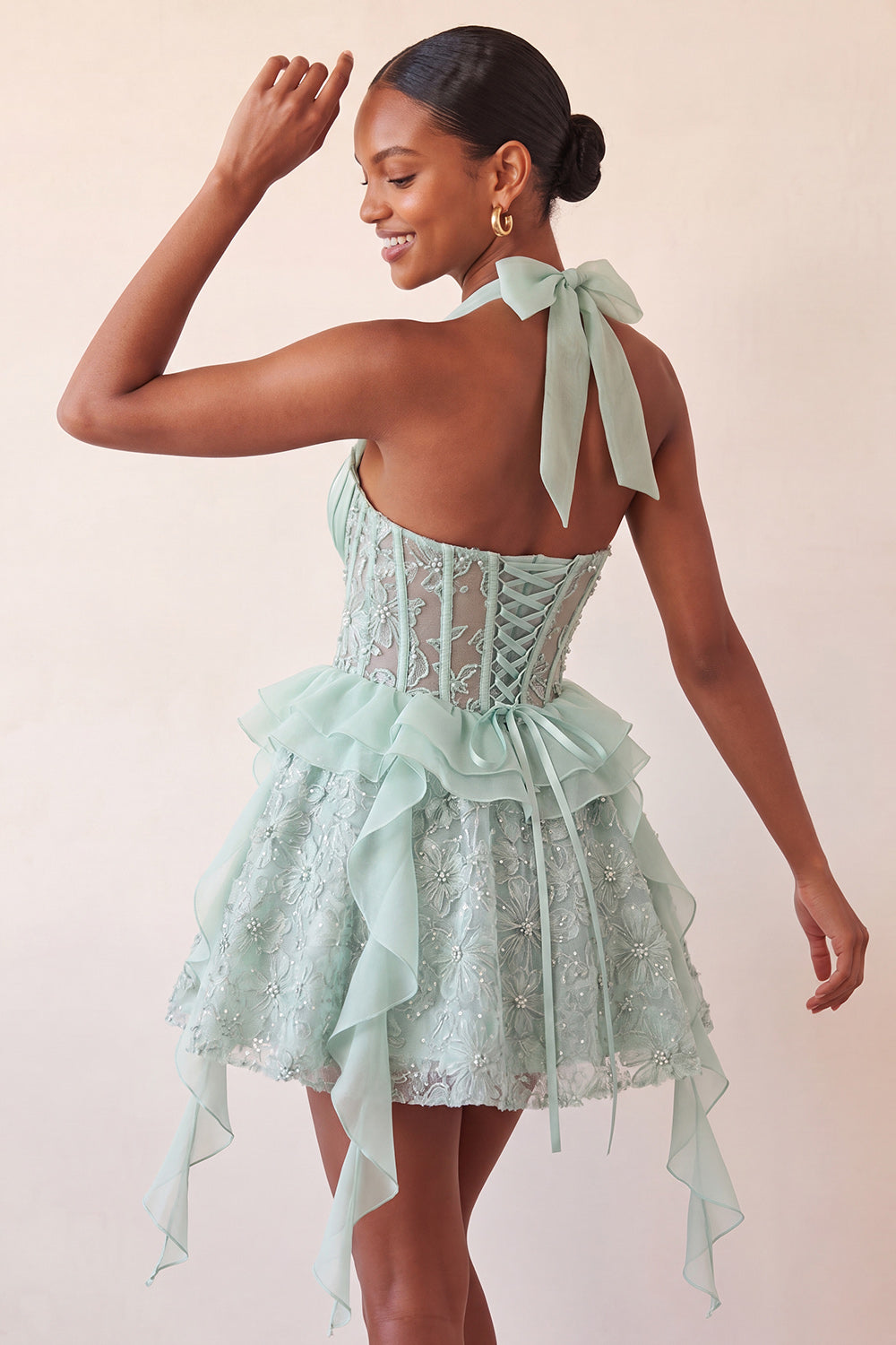 Halter Neck A-Line Mint Green Sheer Corset Floral Ruffled Homecoming Dress with Lace Up Back