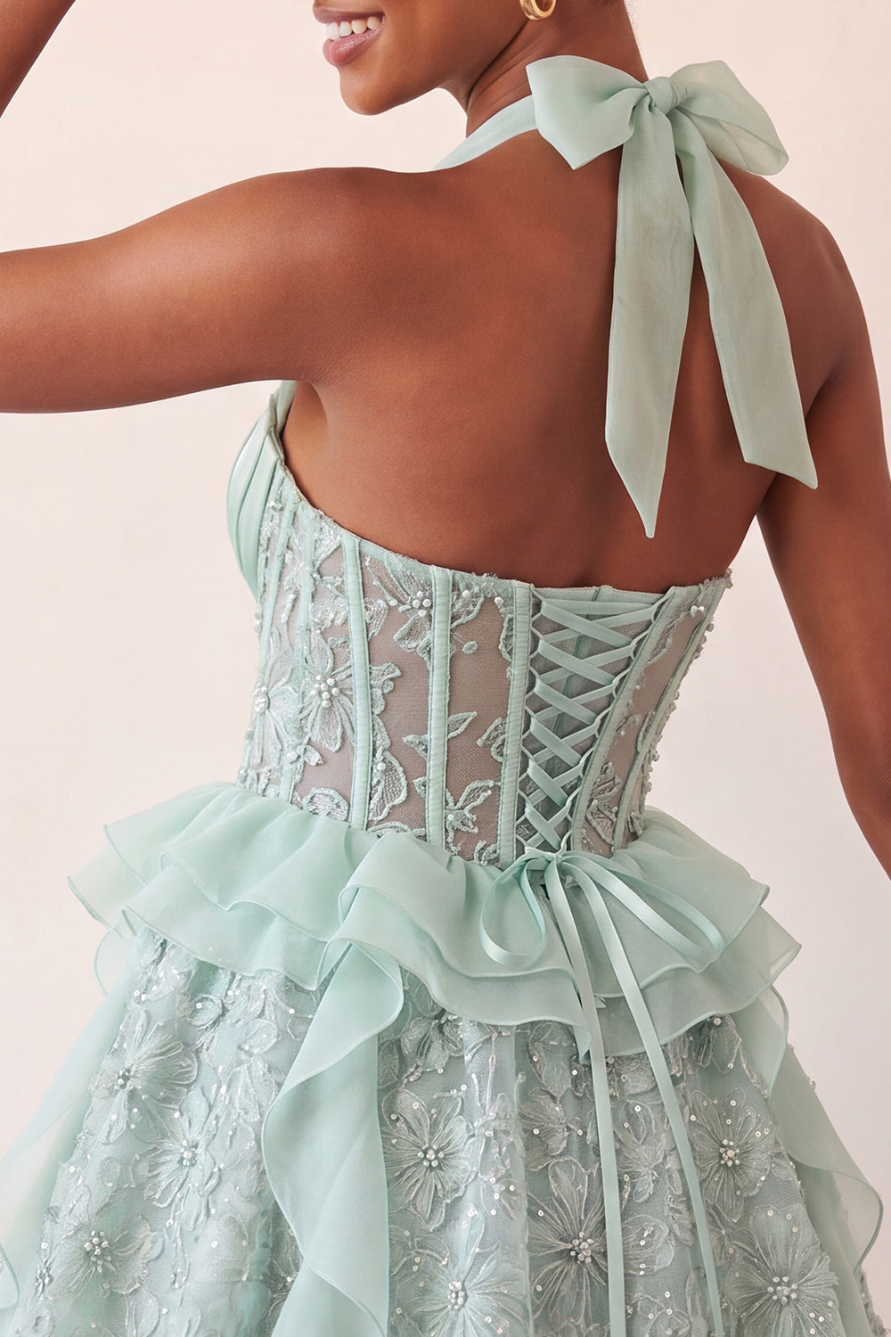 Halter Neck A-Line Mint Green Sheer Corset Floral Ruffled Homecoming Dress with Lace Up Back