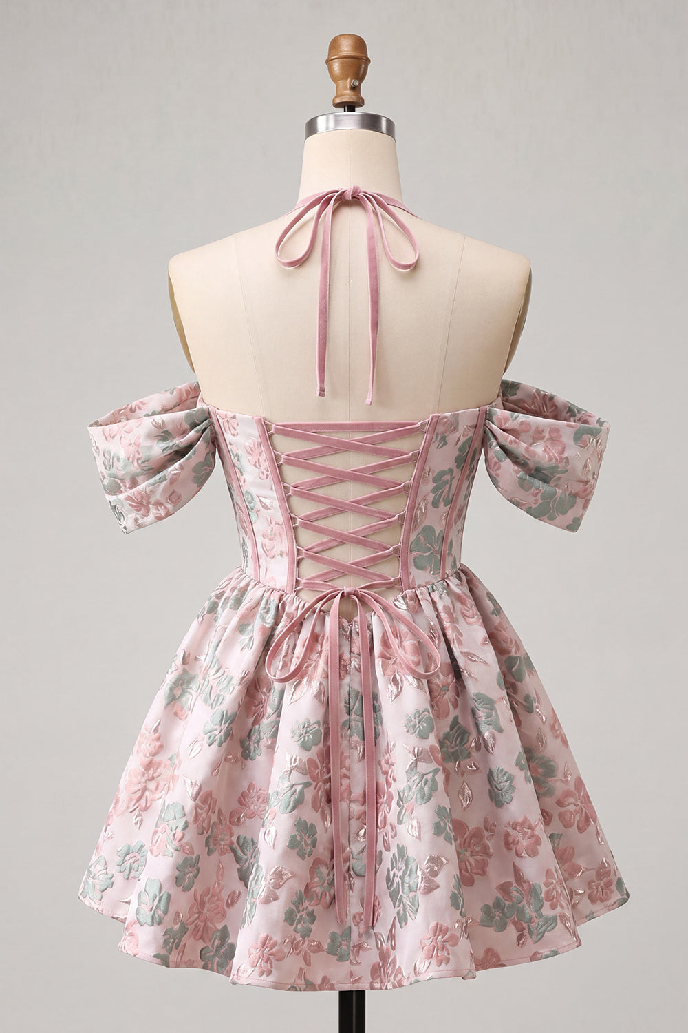 Light Pink Halter Neck A-Line Corset Jacquard Floral Homecoming Dress with Lace Up Back