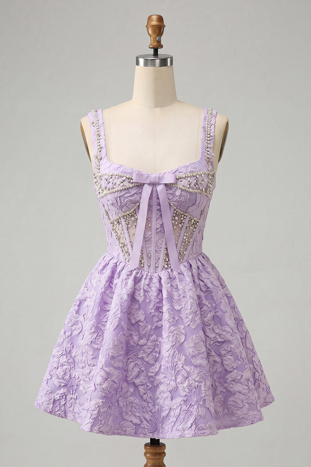 Robe de bal bustier jacquard coupe A à col carré violet clair, ornée de perles, avec laçage au dos