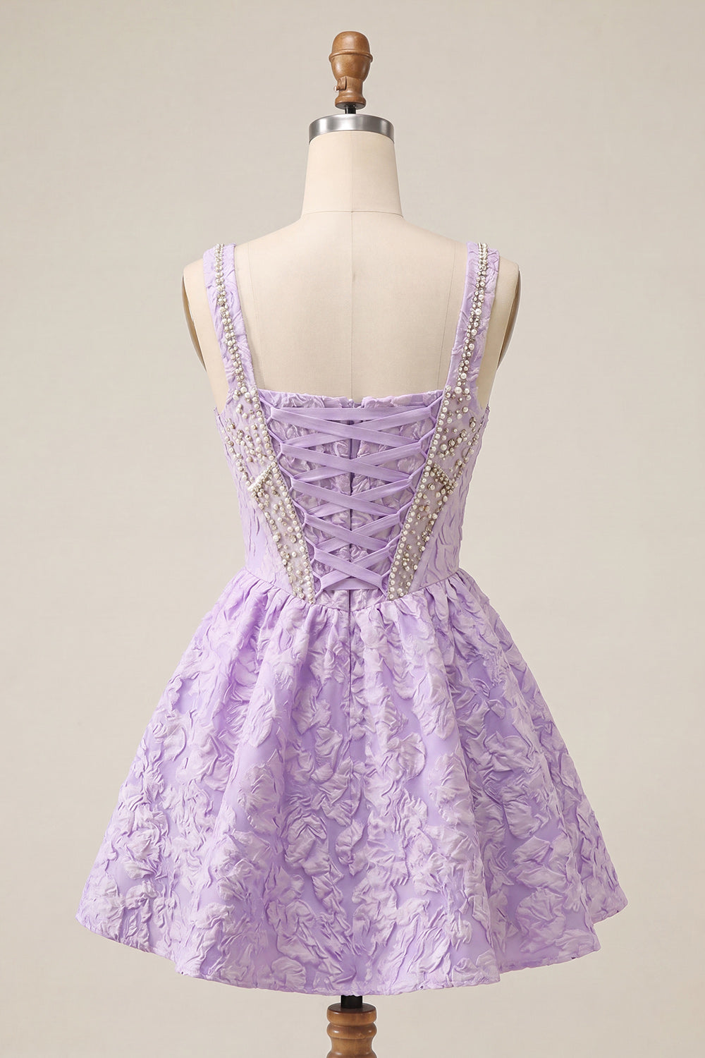 Robe de bal bustier jacquard coupe A à col carré violet clair, ornée de perles, avec laçage au dos