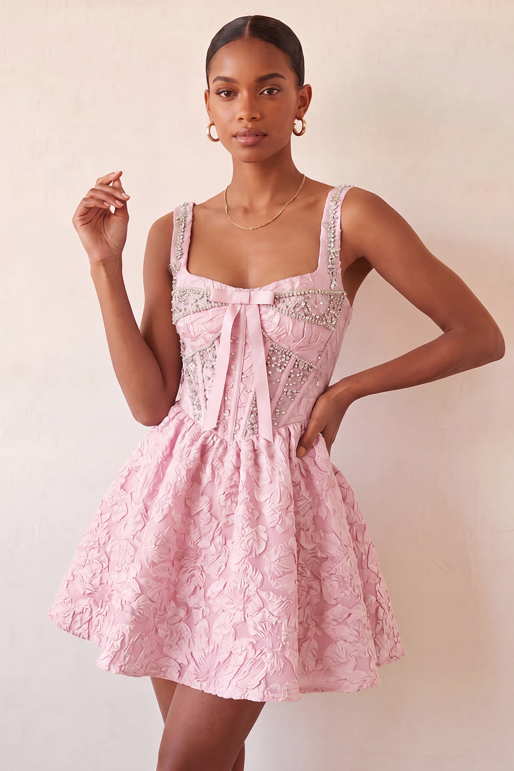 Robe de bal bustier jacquard coupe A à col carré violet clair, ornée de perles, avec laçage au dos