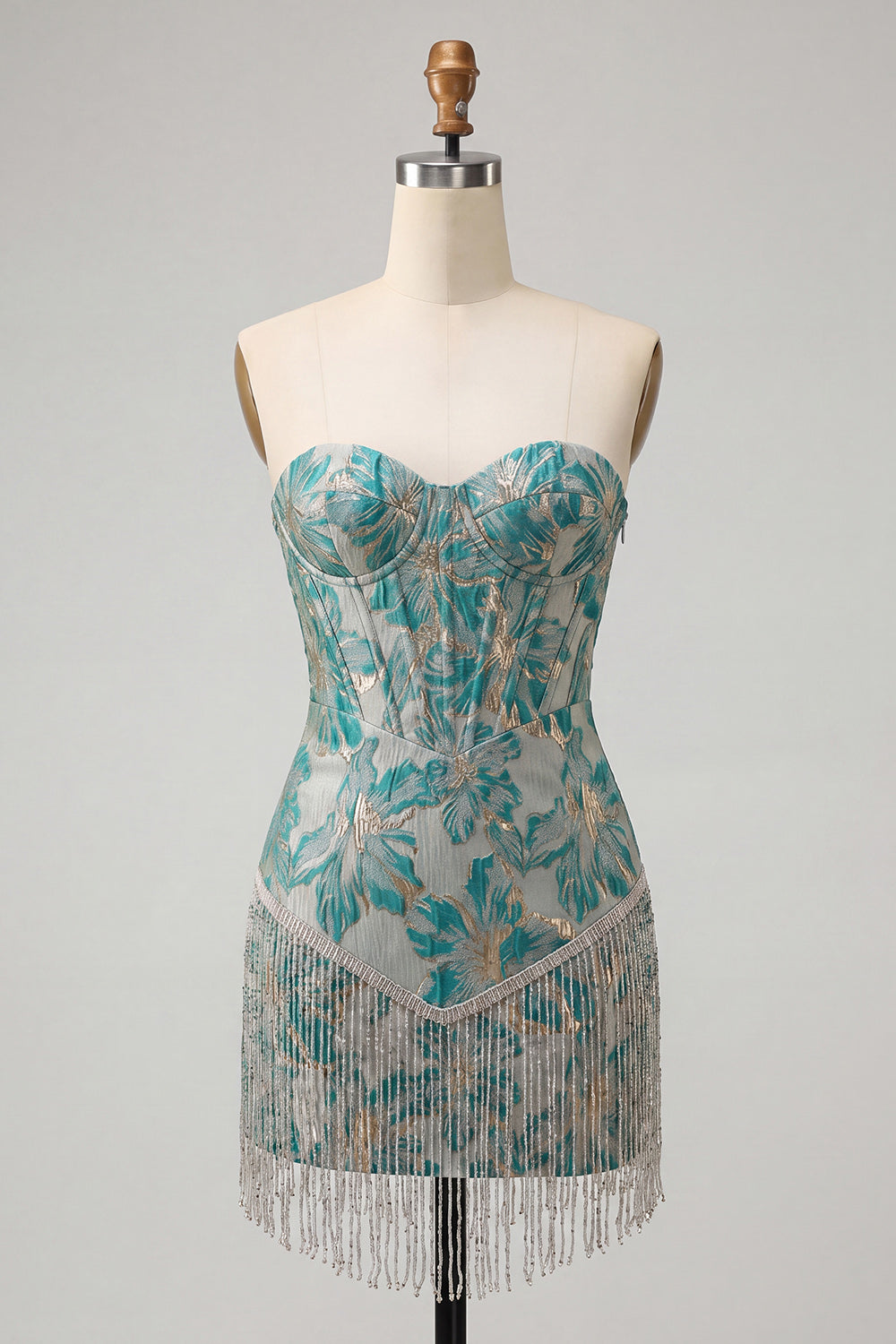 Lake Blue Sweetheart Corset Jacquard Lace Up Back Birthday Dress with Fringes