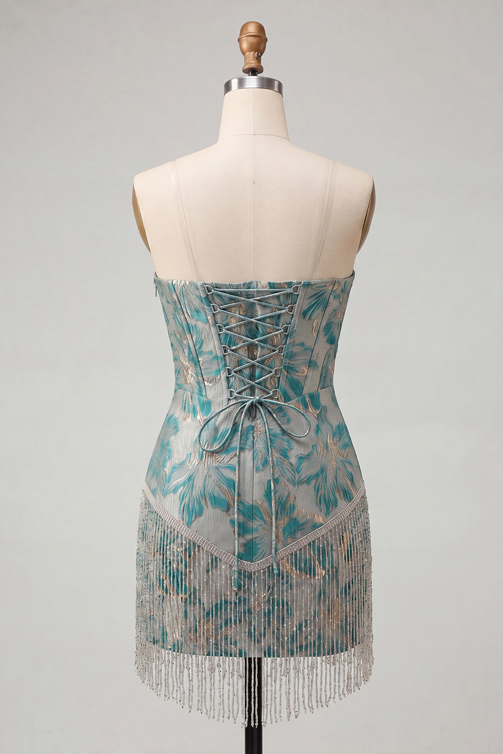 Lake Blue Sweetheart Corset Jacquard Lace Up Back Birthday Dress with Fringes