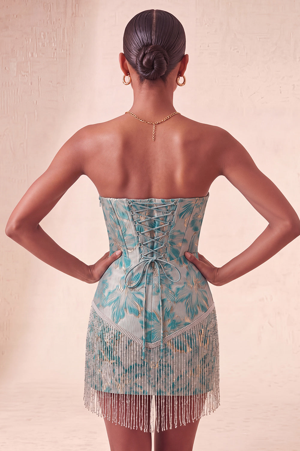 Lake Blue Sweetheart Corset Jacquard Lace Up Back Birthday Dress with Fringes