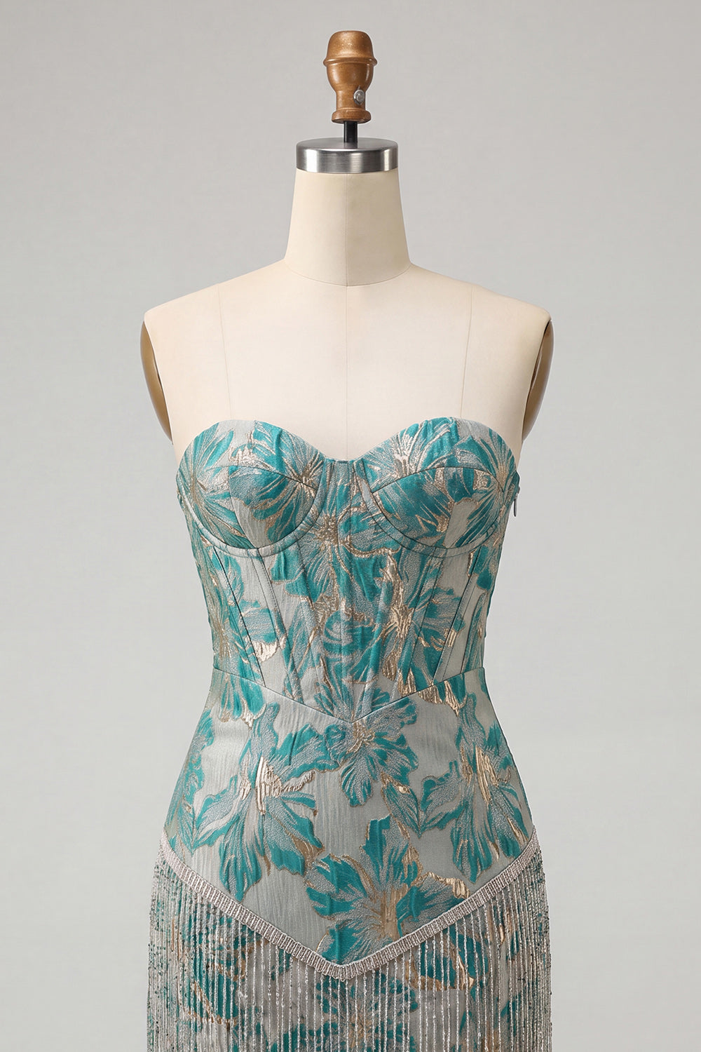 Lake Blue Sweetheart Corset Jacquard Lace Up Back Birthday Dress with Fringes