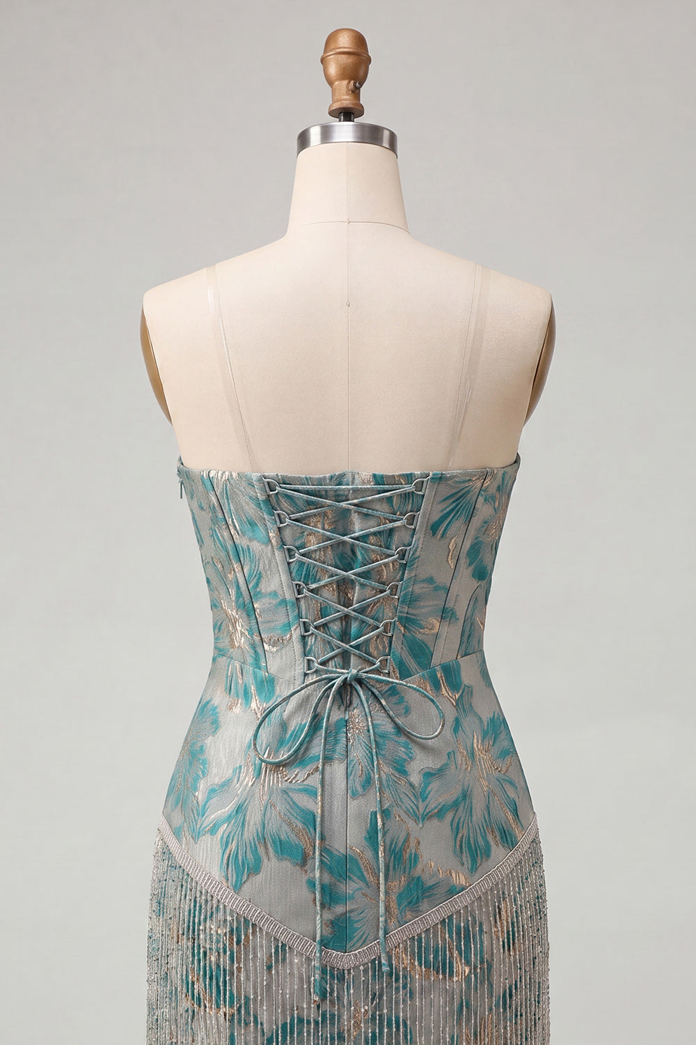 Lake Blue Sweetheart Corset Jacquard Lace Up Back Birthday Dress with Fringes