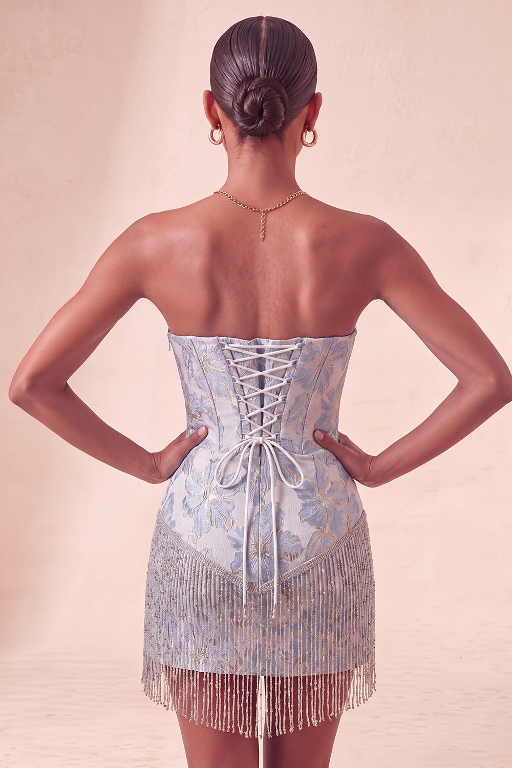 Lake Blue Sweetheart Corset Jacquard Lace Up Back Birthday Dress with Fringes