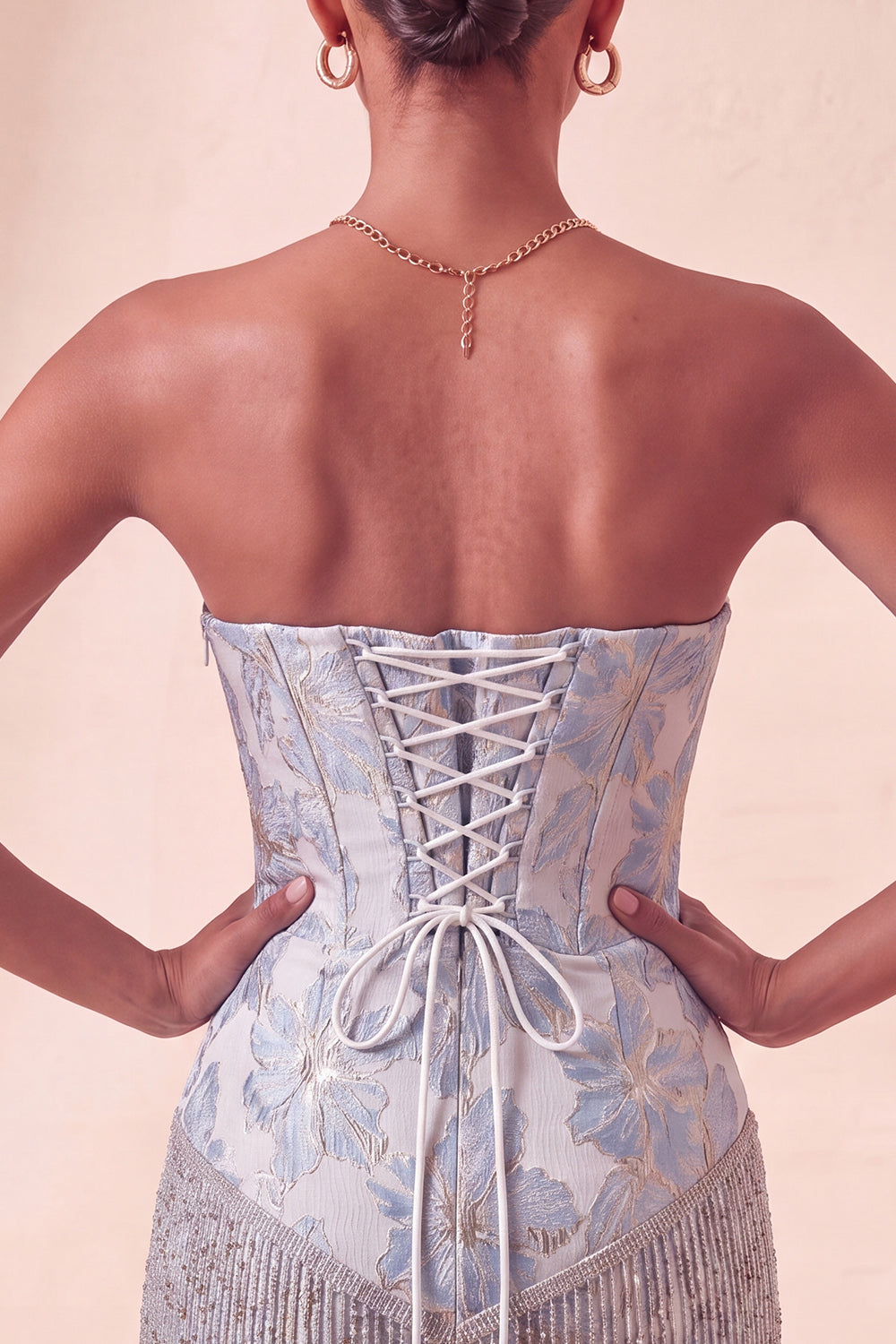 Lake Blue Sweetheart Corset Jacquard Lace Up Back Birthday Dress with Fringes
