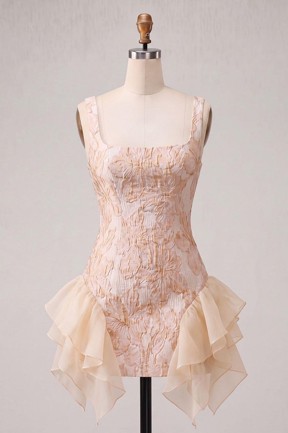 Champagne Jacquard Square Neck Lace Up Back Tight Birthday Dress with Ruffles
