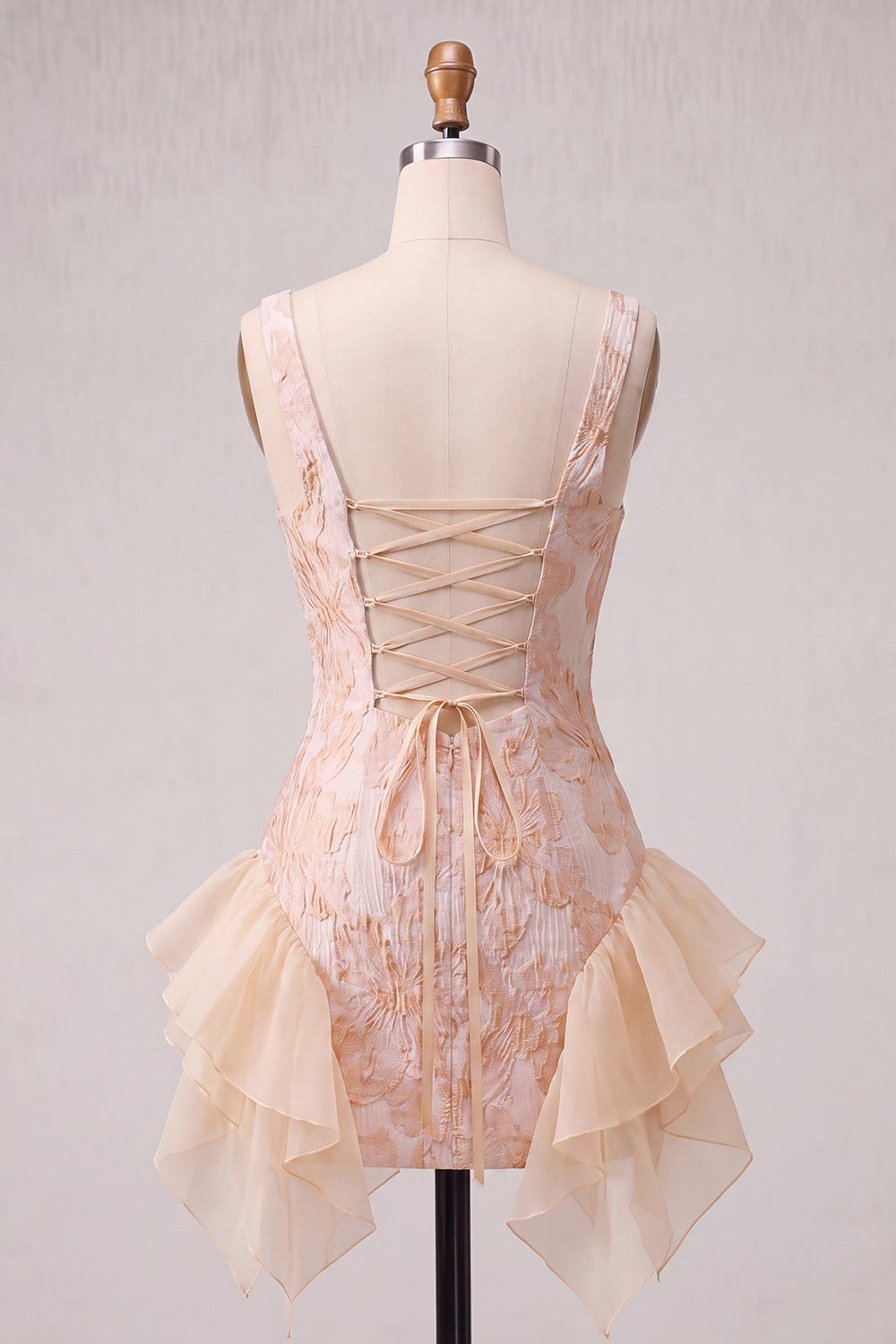 Champagne Jacquard Square Neck Lace Up Back Tight Birthday Dress with Ruffles
