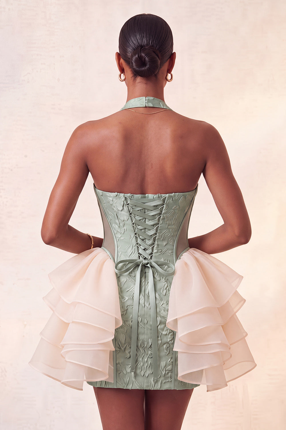 Light Pink Halter Neck Floral Lace Up Back Bodycon Homecoming Dress with Ruffles