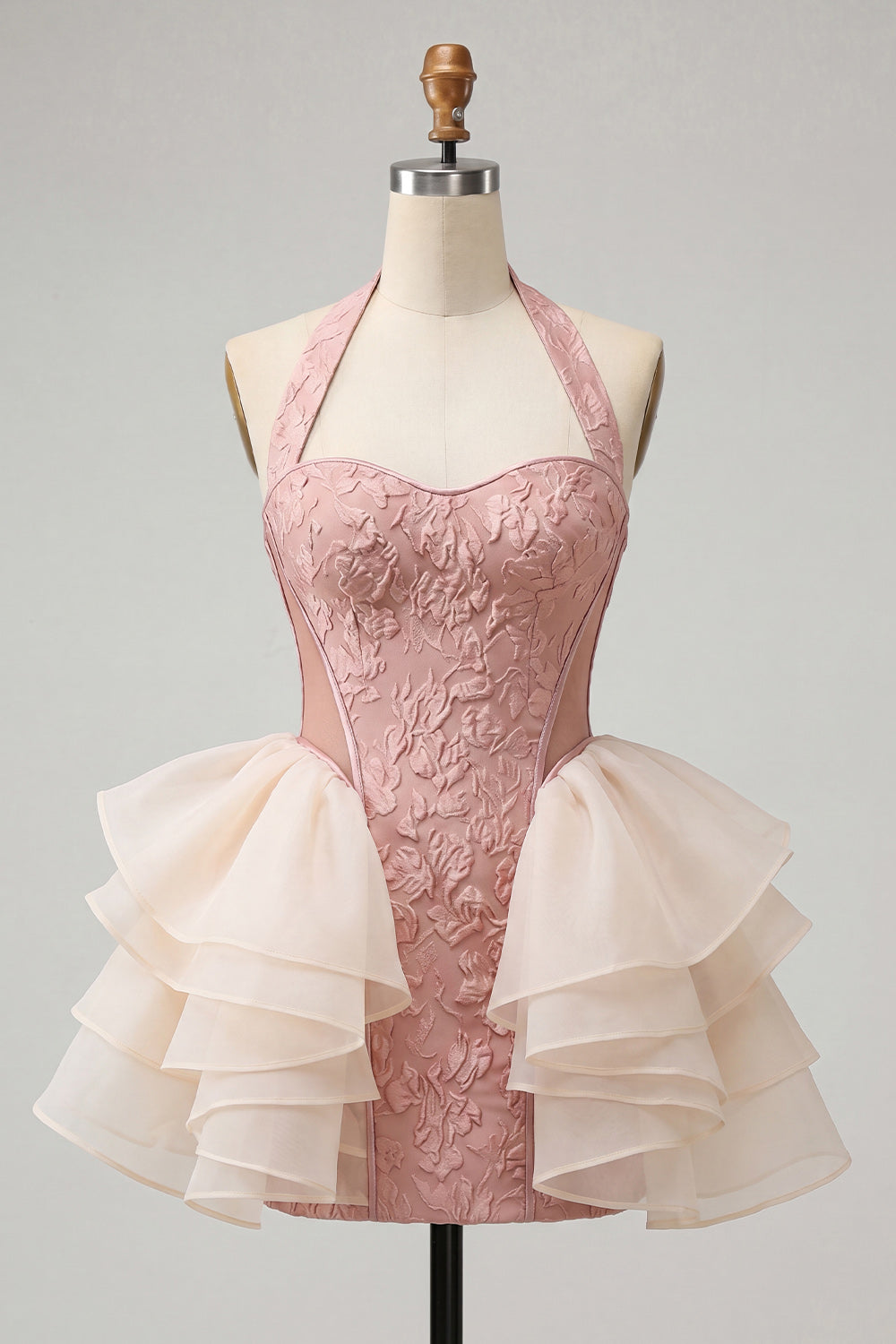 Light Pink Halter Neck Floral Lace Up Back Bodycon Homecoming Dress with Ruffles
