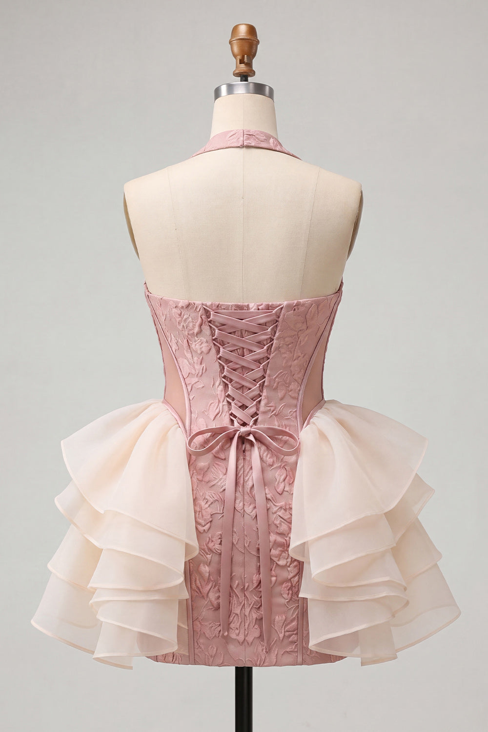 Light Pink Halter Neck Floral Lace Up Back Bodycon Homecoming Dress with Ruffles