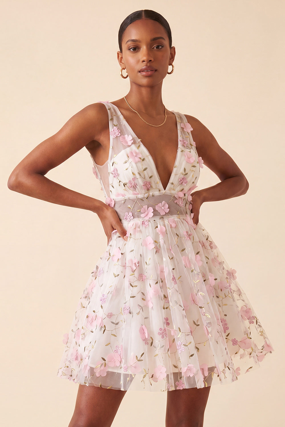 Blush V-Neck Floral A-Line Cocktail Dress with Lace Up Back