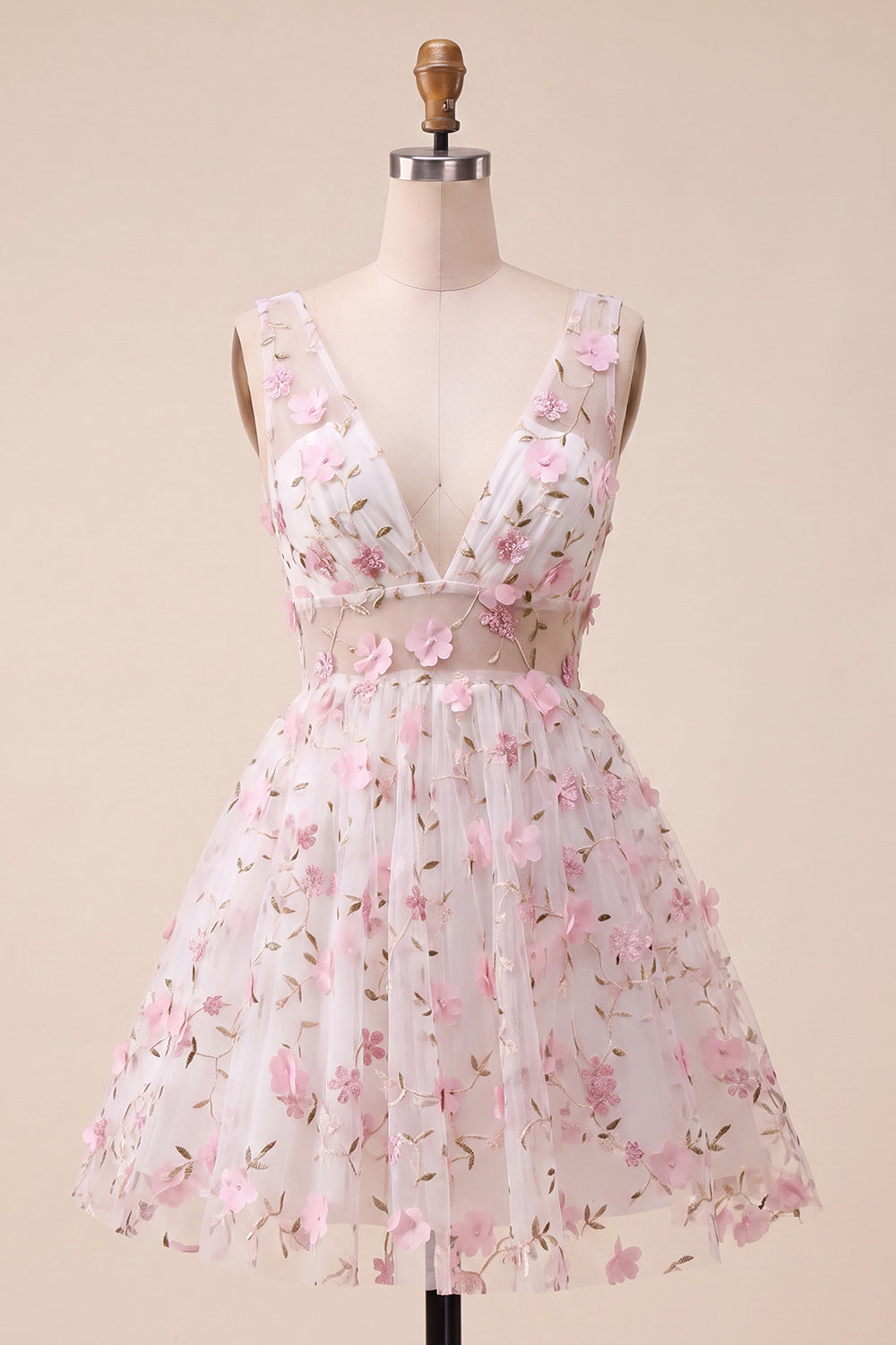Blush V-Neck Floral A-Line Cocktail Dress with Lace Up Back