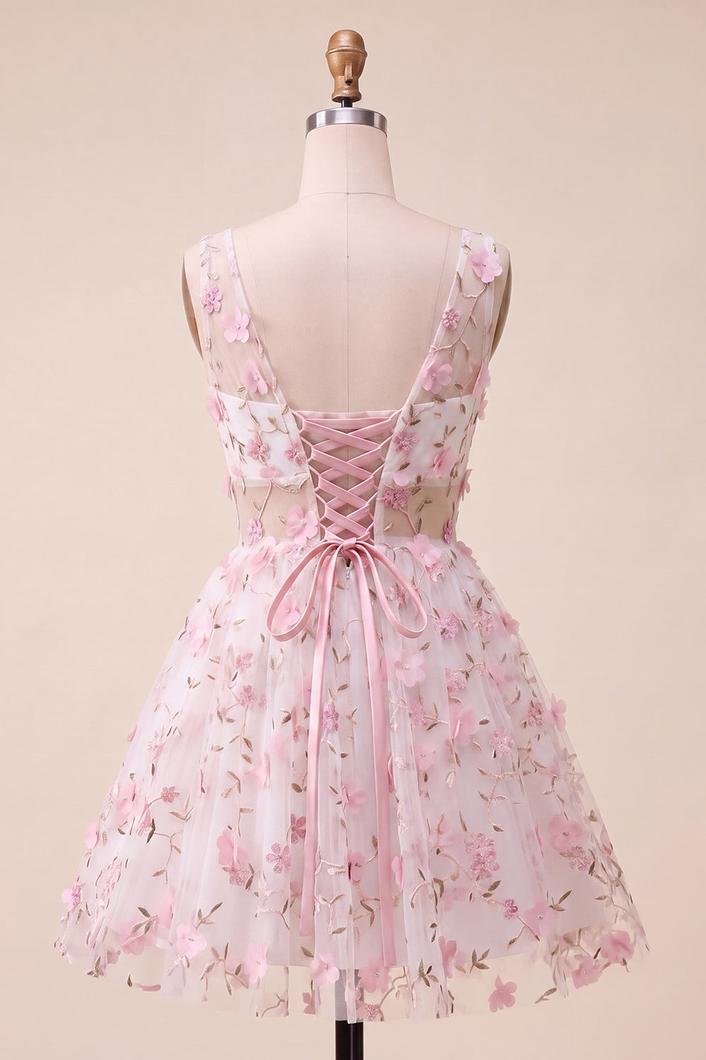 Blush V-Neck Floral A-Line Cocktail Dress with Lace Up Back